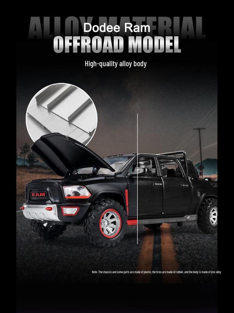 1:32 Модель пикапа Dodge Ram TRX — игрушечный автомобиль из сплава со звуком, светом и открывающейся назад дверью для детей