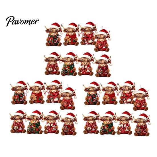 Cute Highland Cow Gift Items Christmas Ornament Set, 2D Flat Wooden Ornaments Hanging Decor with String, Holiday Tree Party Decoration Farm Animal