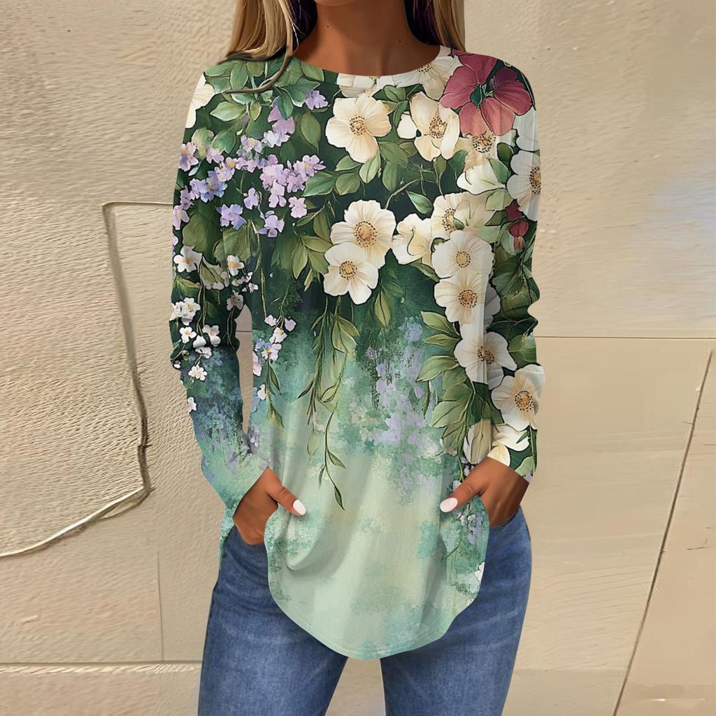 Женская свободная футболка с длинным рукавом с круглым вырезом и принтом, верхний пуловер