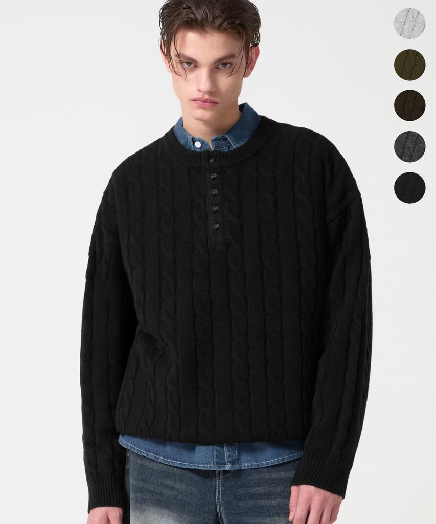 TRILLION Semi-Crop Henley Neck Cable Knit_5Color