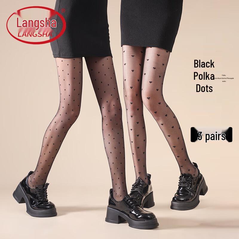 LANGSHA Women's Sexy Black Sheer Pantyhose with Polka Dot & Heart Patterns