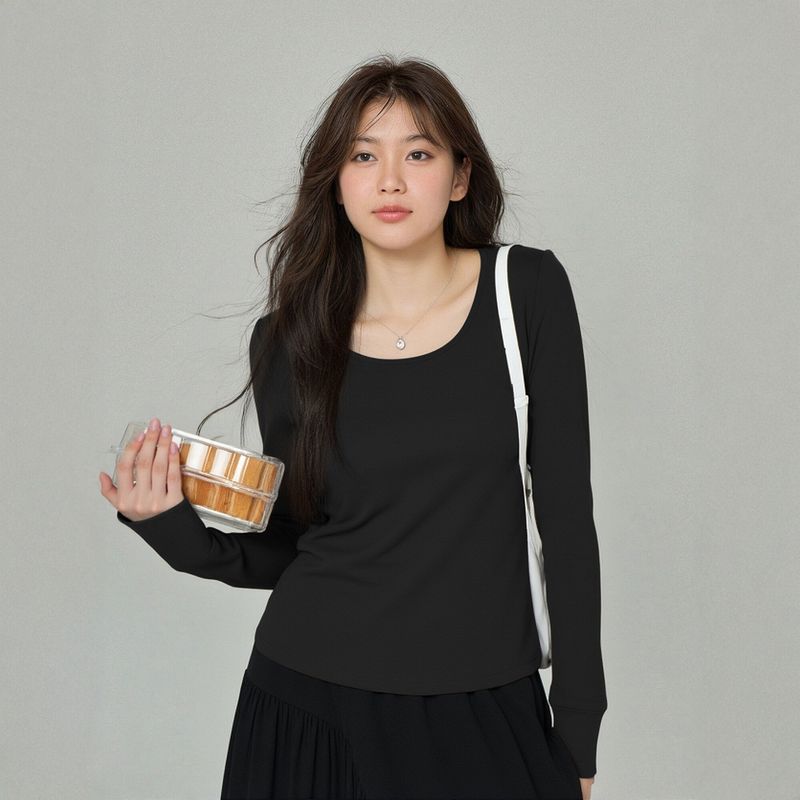 Plus-Size Girl's Large Neckline T-Shirt Top 100kg Women's Spring and Autumn Regular Shoulder Slimming Melard Color Knitted Base Shirt