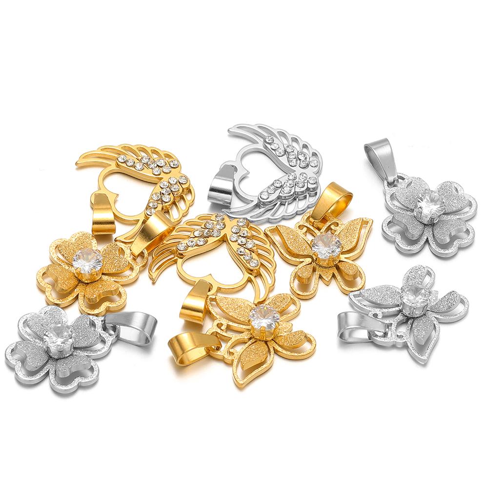 5Pcs Stainless Steel Metal Heart Flower Butterfly Cubic Zircon Charms for Necklace Bracelet DIY Jewelry Pendants Earrings Making