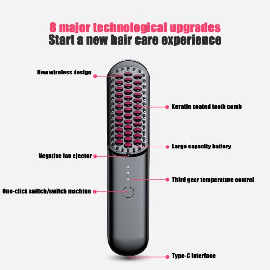 Hair Straightener Brush 3 Temp Adjustable Fast Heating Rechargeable Cordless Negative Ions Hot Brush Electric Fluffy Curly Hair Styling Detangling