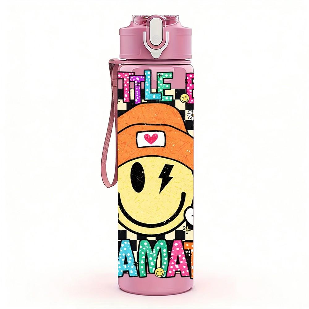 1PC Dramatic Smiley Face Checkerboard Print 750ml Color Plastic Sports Water Bottle Leakproof Flip Straw Lid Suitable for Sports Office Home Use