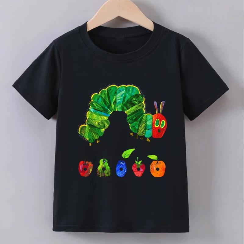 Green Cute Funny Caterpillar Print Tshirts Summer Girls Boys Casual Fashion Tops Kids Crew Neck Short Sleeve Tees