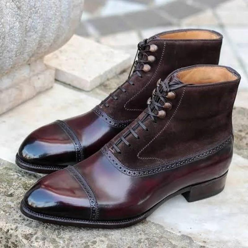Новые коричневые мужские короткие ботинки из флока со шнуровкой на щиколотке и ремешком на щиколотке, черные деловые ботинки ручной работы Botas De Hombre