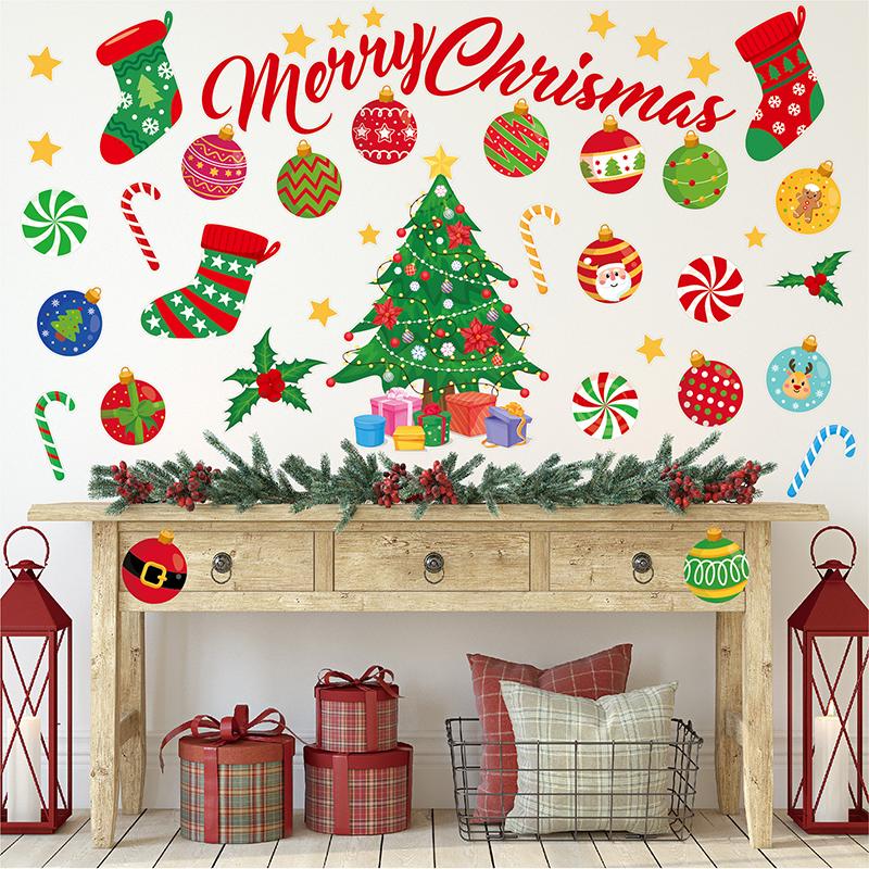 Christmas Wall Decals Christmas Tree Wall Stickers Xmas Ball Fireplace Decals Stickers Removable Merry Christmas Wall Decoration