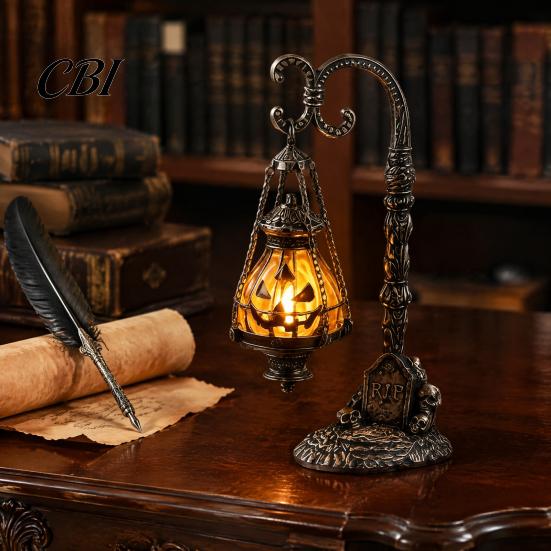 Spooky Shelf Decoration Gothic Pumpkin Stand Lantern with Warm Light, Decorative Resin Desktop Atmosphere Night Light Lamp, Healing for Home