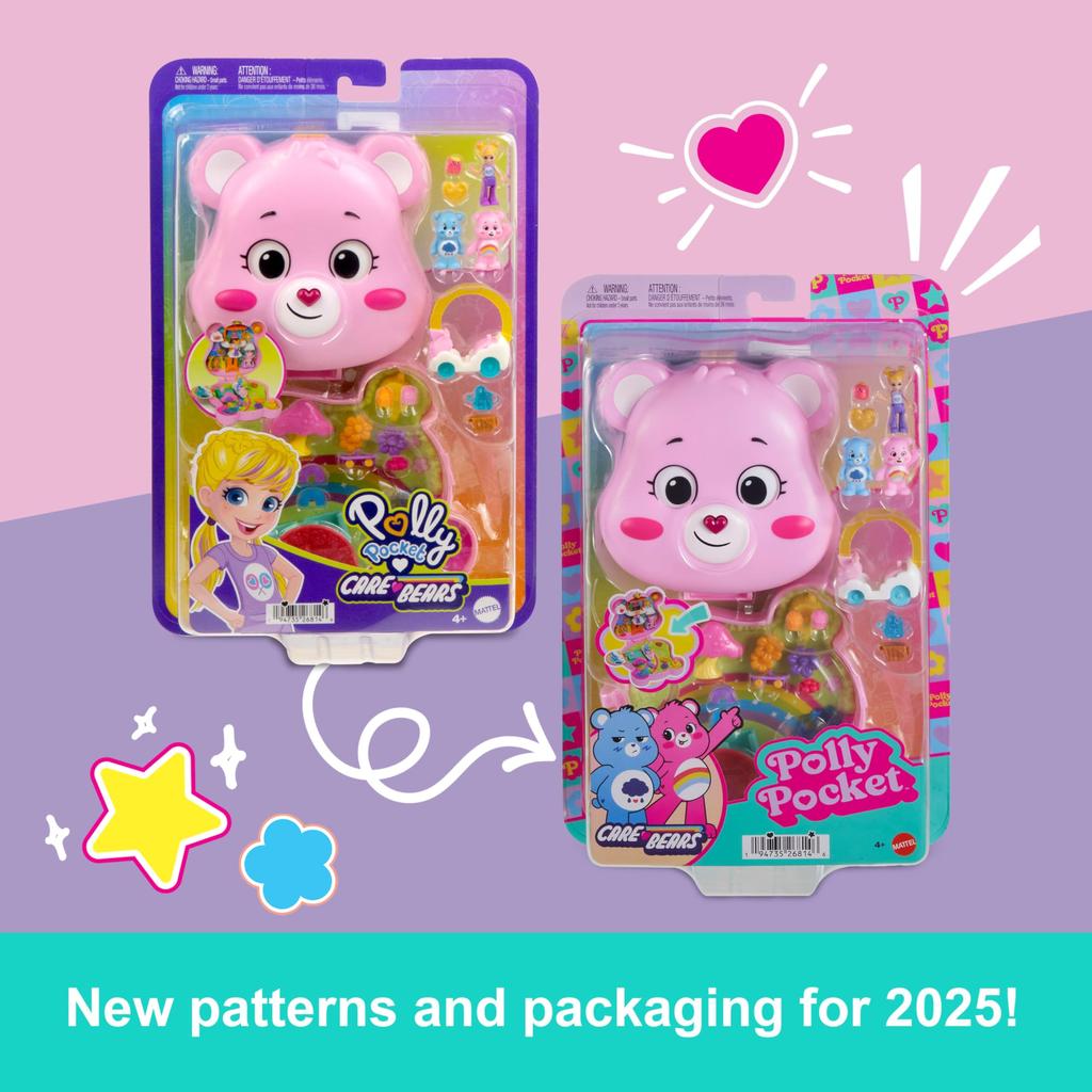 Игровой набор Polly Pocket x Care Bears с куклой, игрушечным транспортным средством и тематическими дорожным и партнерским компактами и аксессуарами, игрушка,