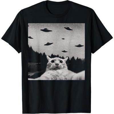 ThreadWeird Футболка с инопланетным котом НЛО Классическая посадка Круглый вырез Черные футболки для взрослых для женщин Харадзюку Люксовые бренды Playeras De 82975