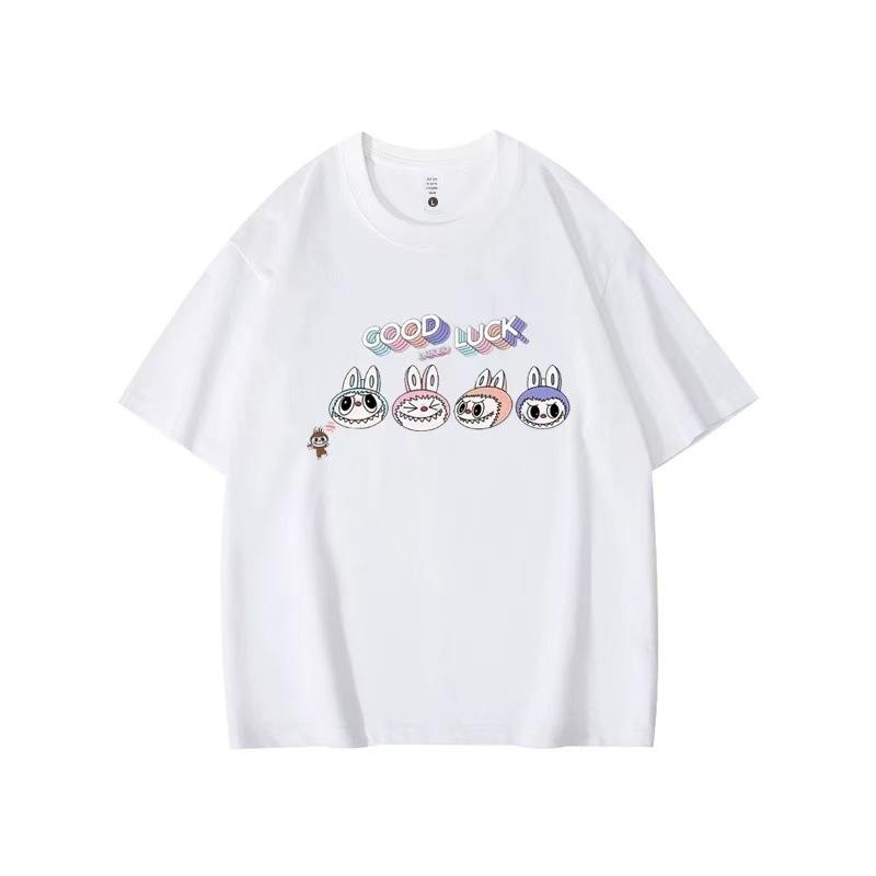 Летний топ с круглым вырезом и принтом с узором Лабубу, модная повседневная женская футболка с коротким рукавом из чистого хлопка