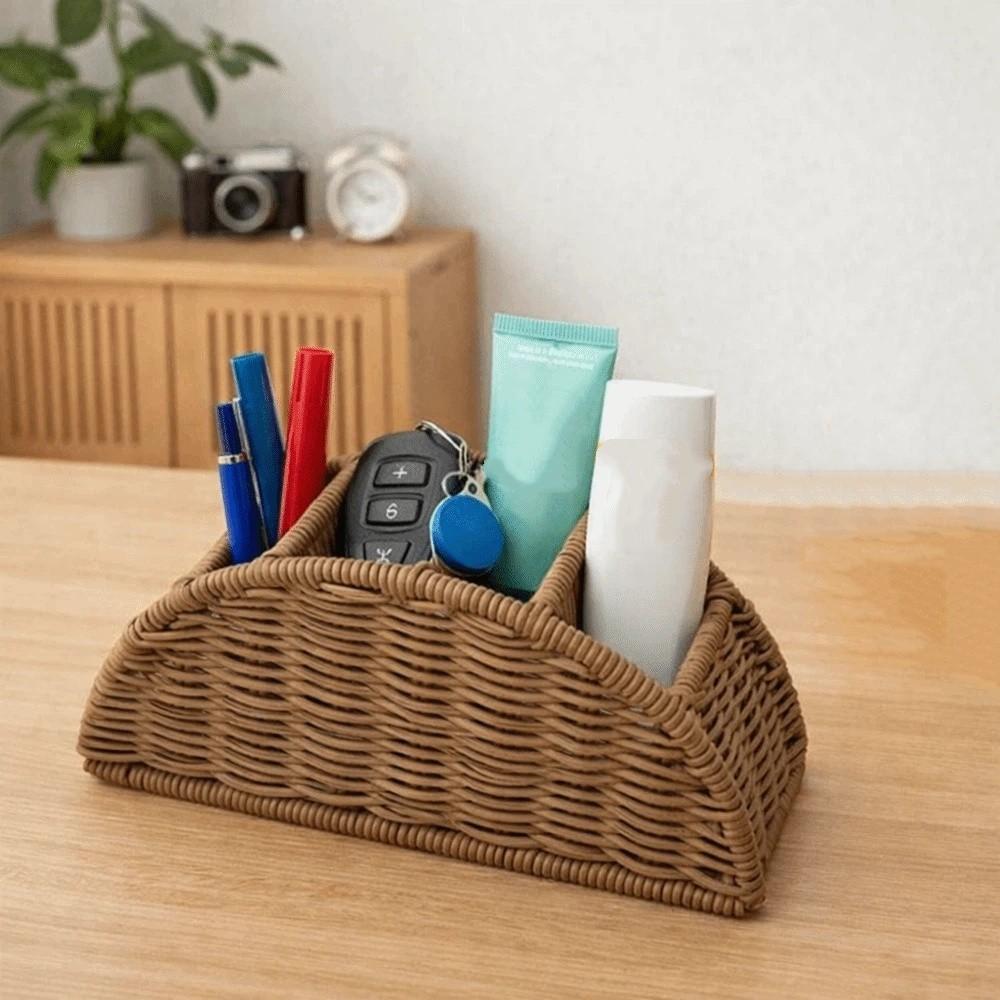 Imitation Rattan Remote Control Storage Box 4 Grids Handwoven Synthetic Rattan Organizer Vintage Style Desktop Storage Box