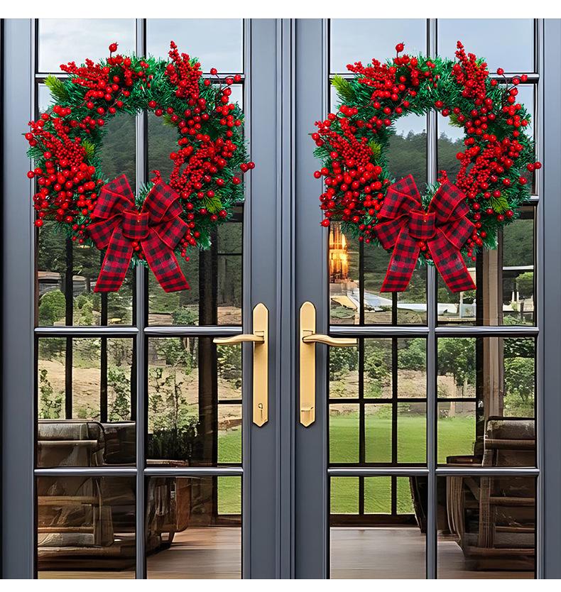 Трансграничный Рождественский Венок с Красным и Черным Клетчатым Бантом и Ягодной Лозой для Украшения Двери