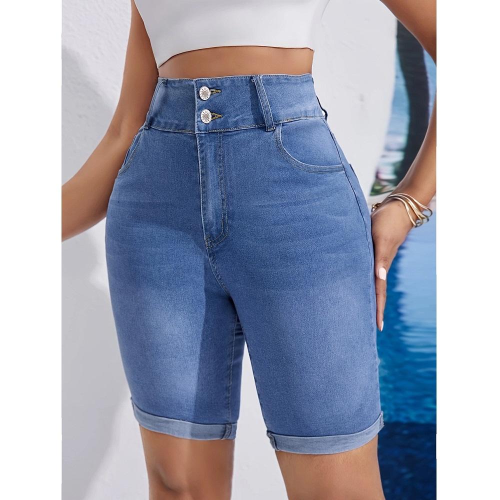 Women Summer High Waist Knee Length Denim Shorts Ladies Stretch Jeans Short Pants