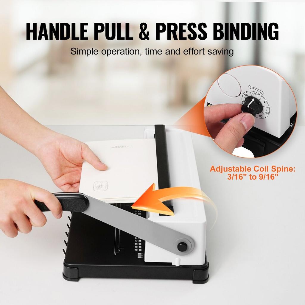 Coil Spiral Binding Machine, Manual Book Maker 34-Holes Binding 120 Sheets, Punch Binder Adjustable 3/16" - 9/16" Coil Binding Spines, for Letter