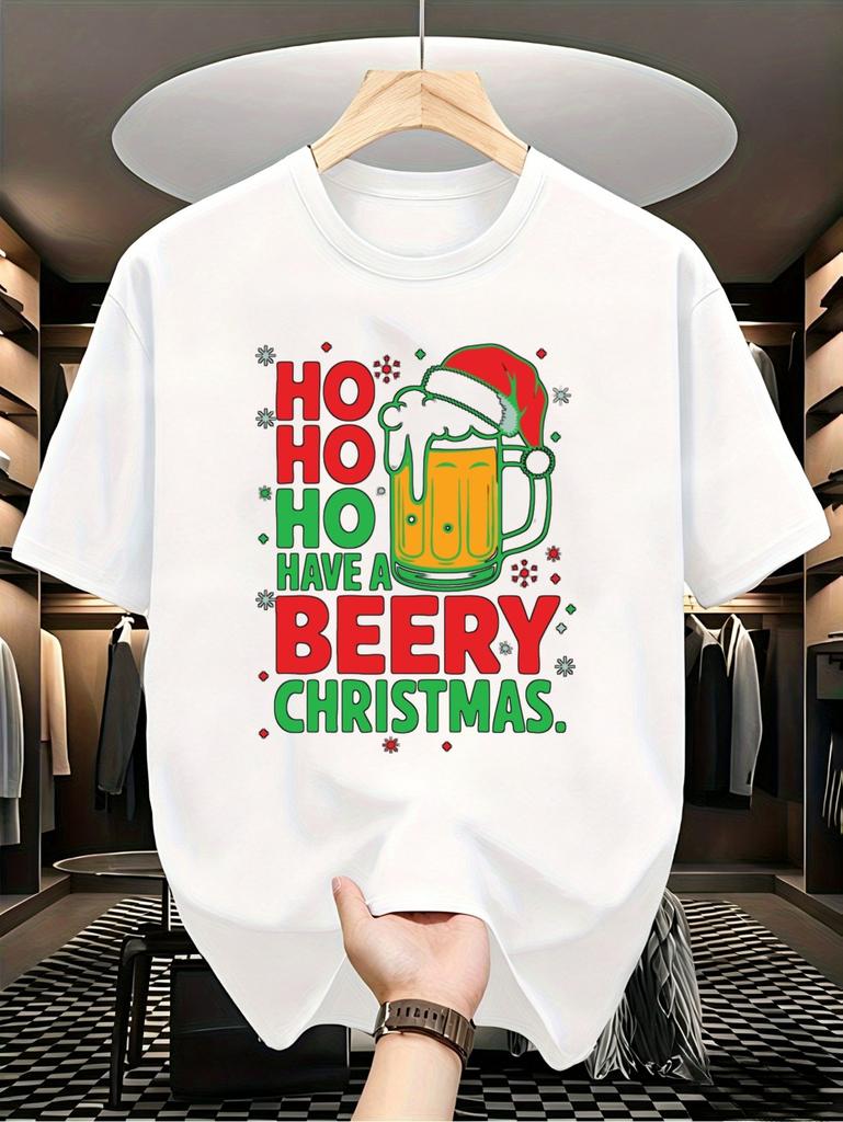 1pc Male Graphic T Shirt Ho Ho Ho Have A Beery Christmas Beer Mug Print Short Sleeve Crew Neck for Teenagers Christmas Holiday, for Teenager