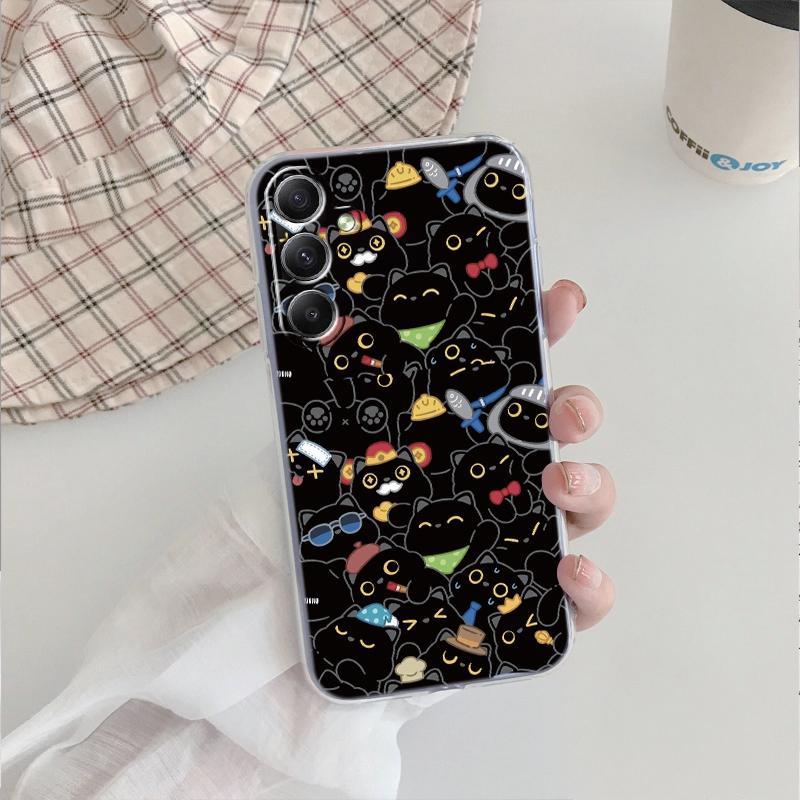Милый черный кот мягкий прозрачный силиконовый чехол для Xiaomi Redmi Note 13 14T 15 Samsung A55 A35 S24 iPhone 15 Huawei Honor Camera защитный противоударный чехол