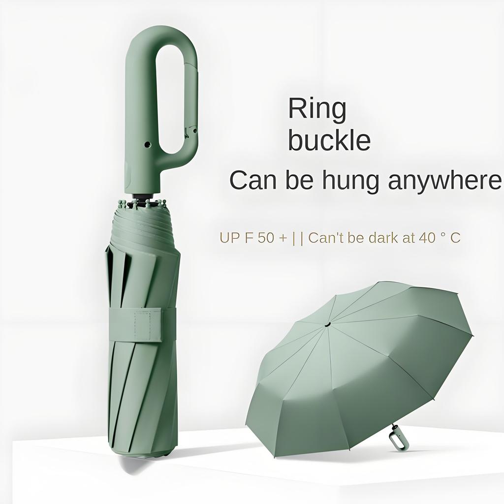 10-Rib Windproof Reverse Umbrella with Carabiner, Reflective Stripe for Rain & Sun Protection (Auto Fold)