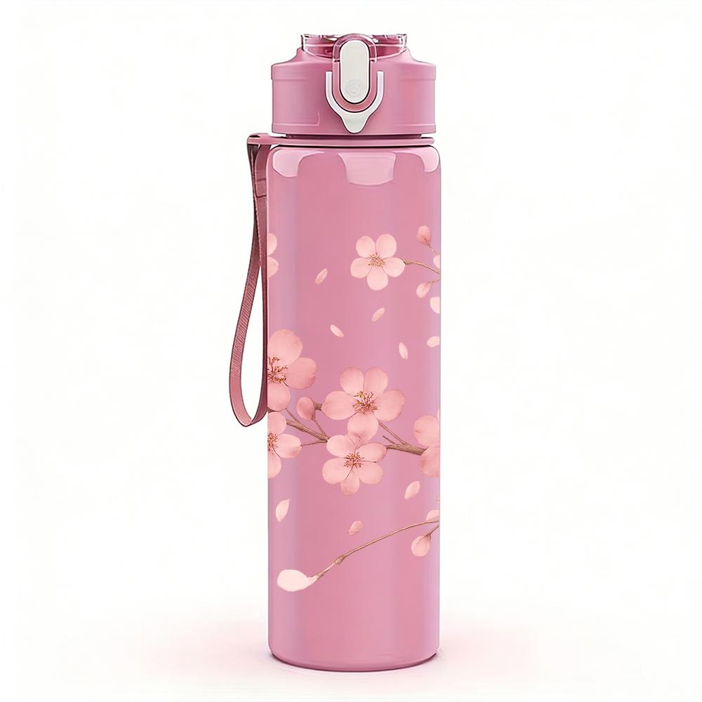 1PC Cherry Blossom Floral 750ml Color Plastic Sports Water Bottle Leakproof Flip Straw Lid For Sports Office Home Use