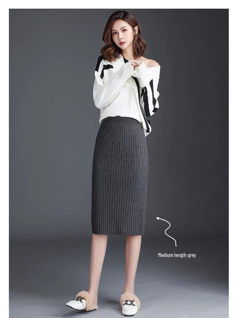 Женская трикотажная шерстяная юбка с высокой талией 2021 года: Осень/Зима, Плотный, Длинный, Приталенный, с разрезом