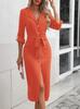 Women's Collared Tie Waist Button Front Midi Shirt Dress 3/4 Sleeve