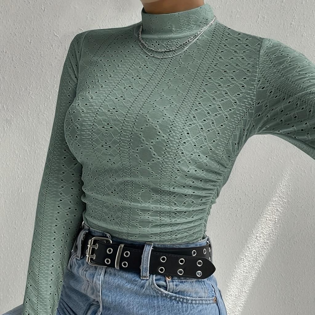 Однотонная футболка с вырезом под горло, элегантная футболка с длинным рукавом на весну и осень, женская одежда