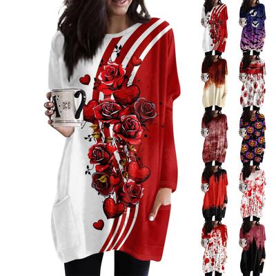 Женская модная повседневная футболка с длинным рукавом и принтом на Хэллоуин с круглым вырезом и двумя карманами