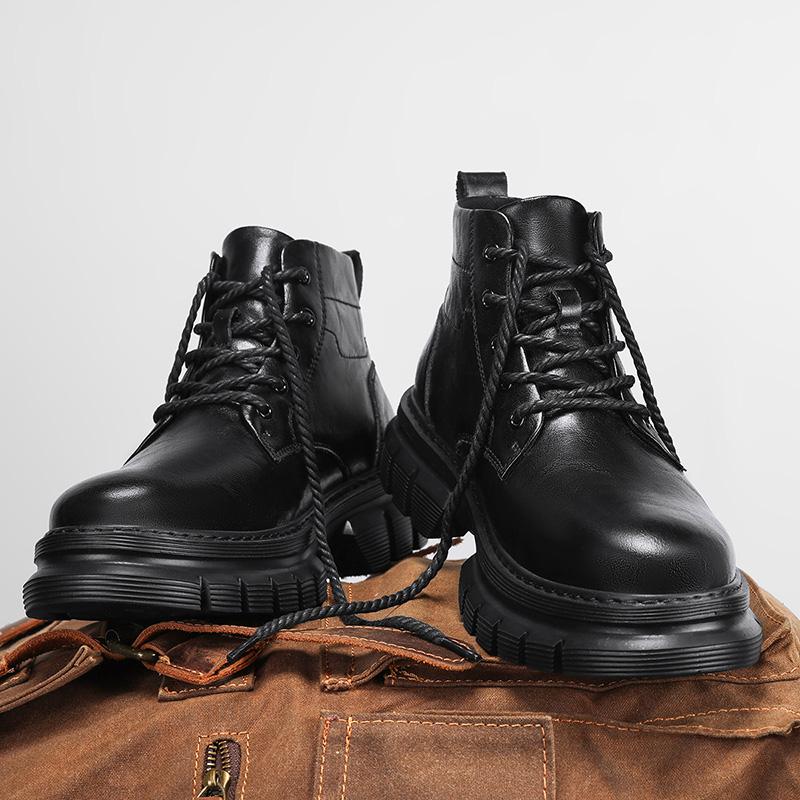 FashionGenuine Leather High Top Ankle Boots New Trend Mens Walking Shoes Non-Slip Lace-Up Motorcycle Boots Wear-Resistant Hiking Botas