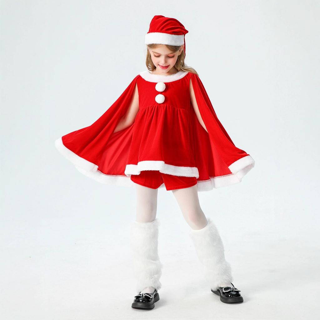 2026Christmas children's clothing, Santa Claus costume, children's wear, girls' shawl, cape, and dress