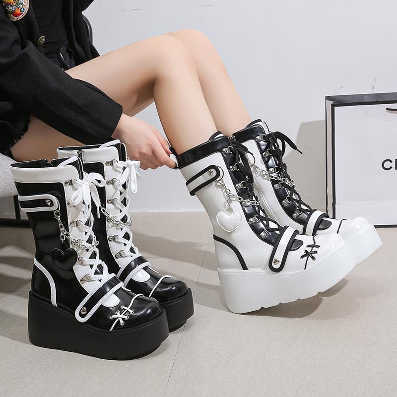 Fashion Kawaii Sweet New Gothic Platform Mid Calf Boots Women Street Autumn Wedges High Heels Punk Boots Girls Cute Cosplay Women Shoes