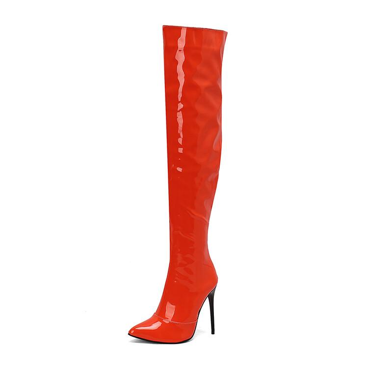 Women Patent Leather Over the Knee Boots Purple Stiletto High Heels Shoes Red Pointed Toe Warm Lady Sexy Party Thigh Boots
