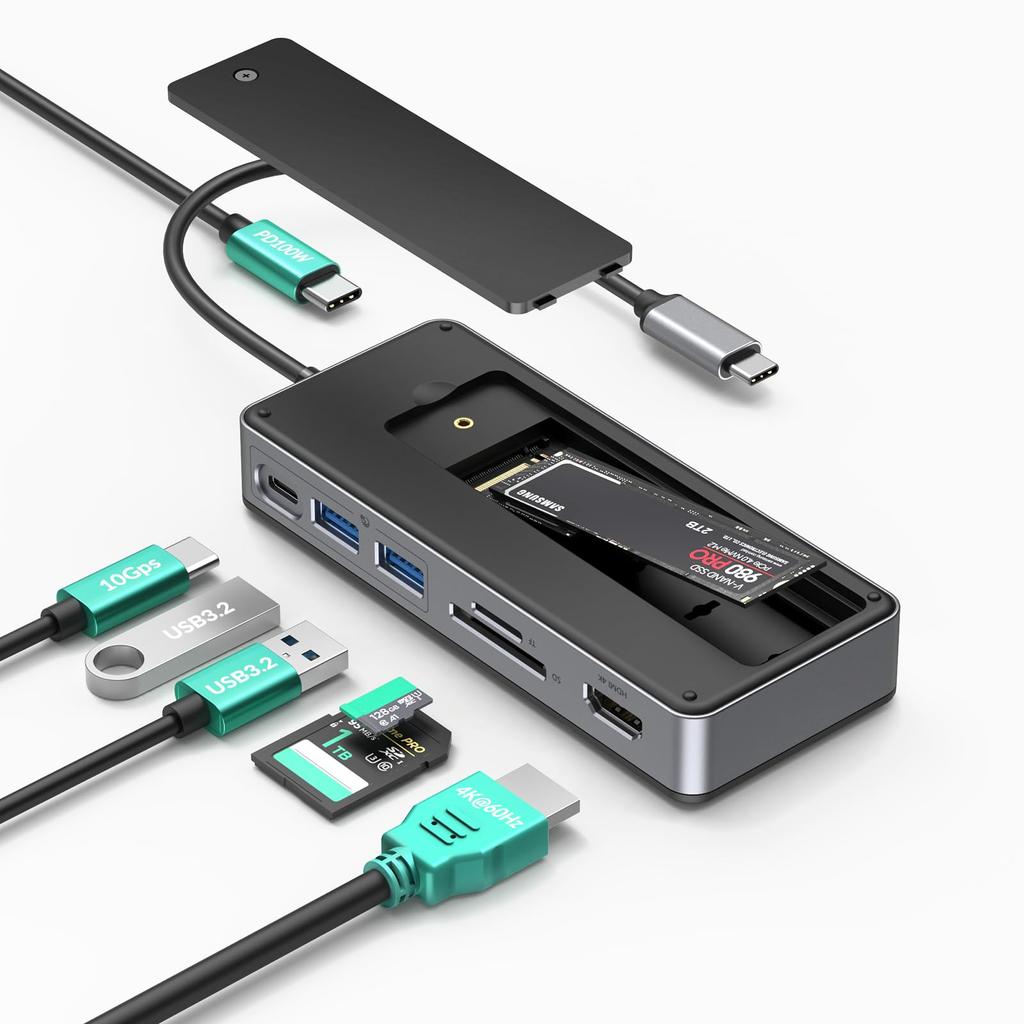 Внешний корпус для SSD GiGimundo 10 Гбит/с USB Gen2 USB C-хаб с корпусом для NVMe SSD Док-станция для SSD Слоты для карт SD и TF Быстрая зарядка PD 100 Вт для