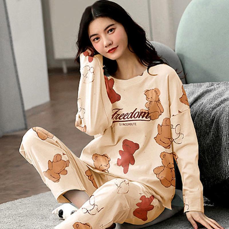 Plus Size Women's Korean Style Winter Pajamas Set, Long Sleeve Loose Fit Two-Piece Homewear, Casual Loungewear Suit for Indoor & Outdoor Wear