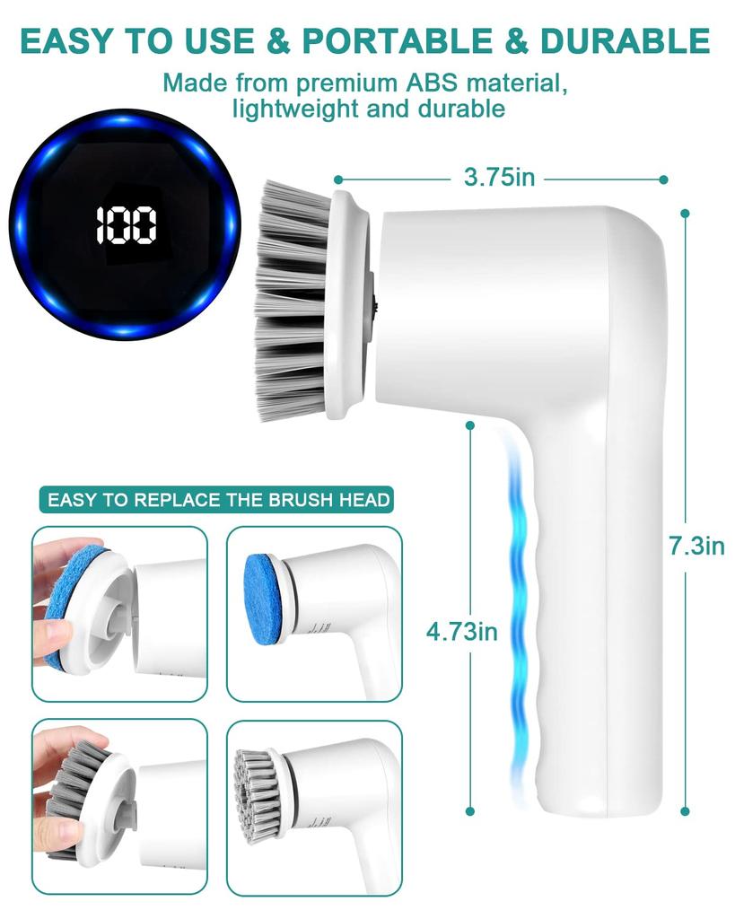 Электрическая вращающаяся скруббер, электрическая скруббер Беспроводная электрическая скребок для душа с цифровым дисплеем, 5 сменными насадками, 2 регулируемыми скоростями