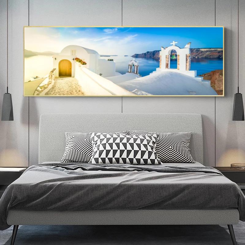 Greek Village Posters Santorini Landscape Painting Canvas Prints Wall Art Pictures for Living Room Sunset Sea Cuadro No Frame