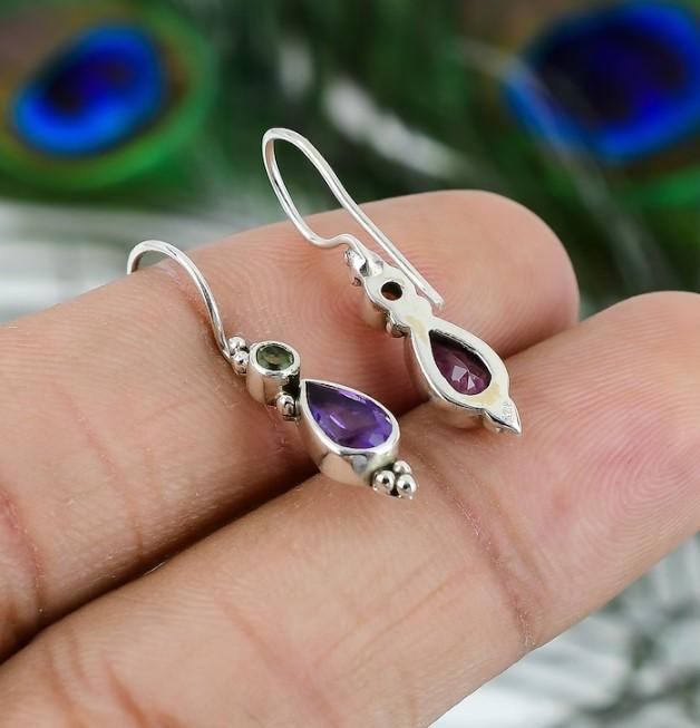 Natural Amethyst Peridot Dangle Drop Earring, Gemstone Vintage Earring, 925 Sterling Silver, Gemstone Earring, Handmade Jewelry
