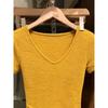 Yellow V-neck front shoulder short-sleeved T-shirt women's summer design sense niche slim and thin short