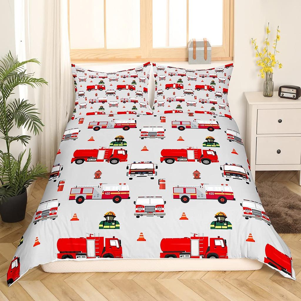 Firefighter Truck Duvet Cover King/Queen Size Red Firemen Car Bedding Set For Kids Boys Girls Fire Engine Polyester Quilt Cover
