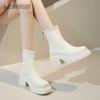 Модные ботильоны на толстой подошве для женщин Весенне-осенняя мода Черные Белые Женская обувь Массивный высокий каблук Круглый носок Короткие ботильоны