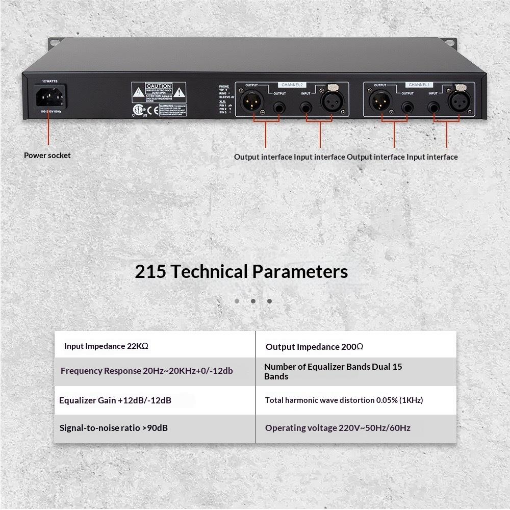 215 Professional Graphic Equalizer - 15-Band Dual Channel EQ with ±12dB Boost/Cut, 40Hz Low Cut, LED Meter for Stage PA System