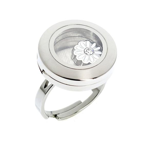 Round Photo Locket Ring Adjustable Ring with Locket Holds Pictures Pills Women Men Stainless Steel Ring for Daily Wear Parties And Dates