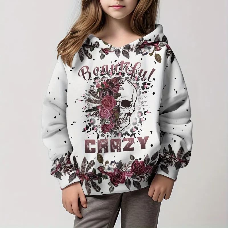 Толстовки с капюшоном, великолепный 3D-принт черепа для девочек, пуловер, толстовка, удобная посадка, вечеринка на Хэллоуин, длинный рукав, детская одежда, топы для девочек