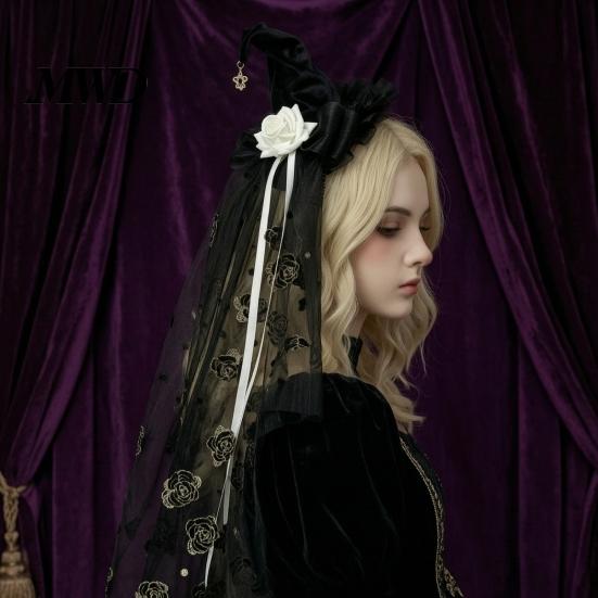 Halloween Costume Accessories Witch Hat with Rose for Women, Gothic Vintage Mini Wizard Spooky Party Decorations Headpiece Veil Costume, Dress