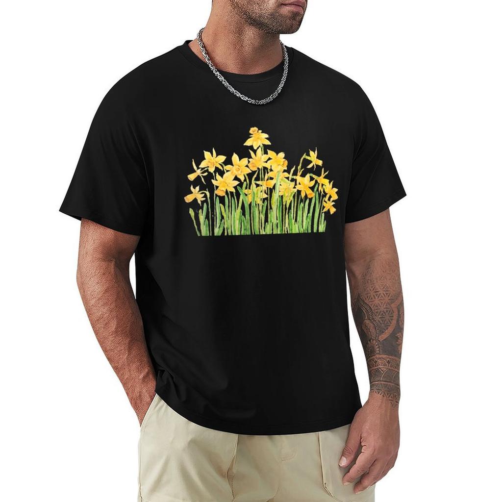 yellow daffodils field watercolor T-Shirt plain anime figures oversized t shirt men
