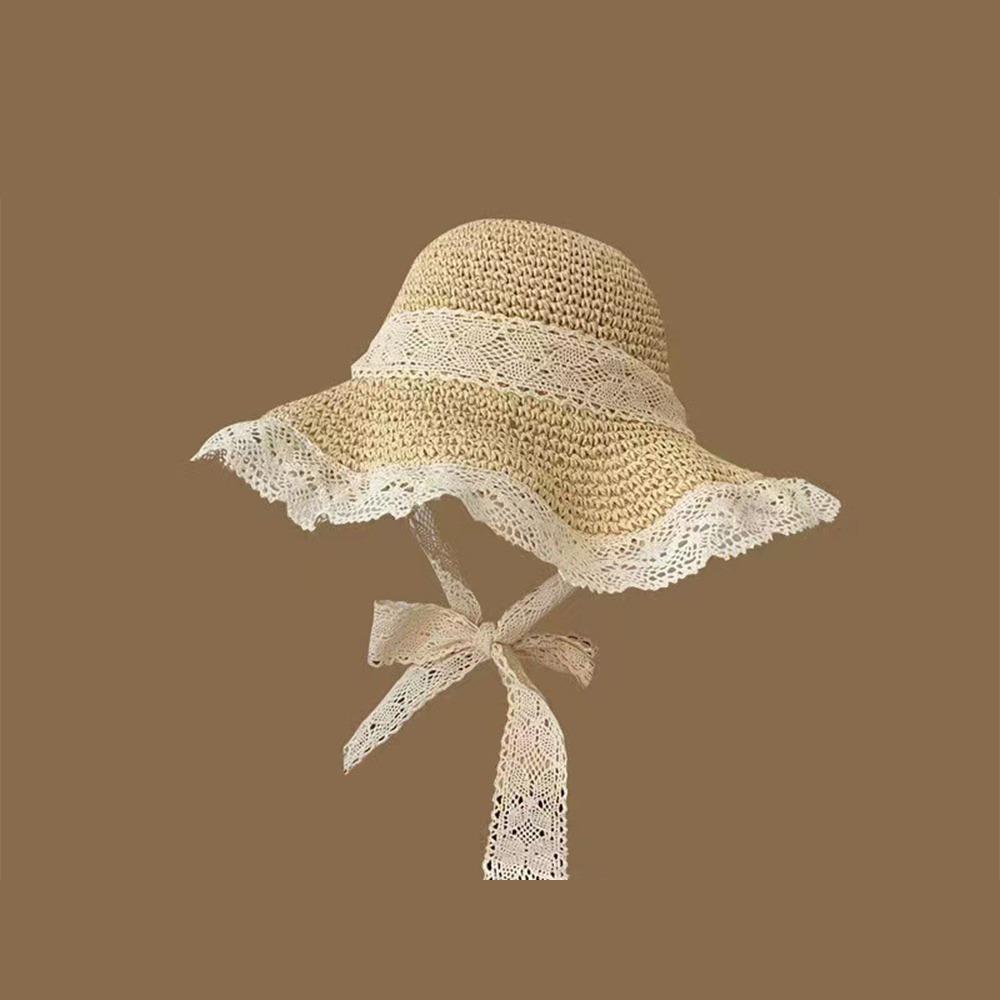 Пасторальный стиль Шляпа от солнца с широкими полями Кружевная кепка с защитой от УФ-лучей Складная женская соломенная шляпа Женская