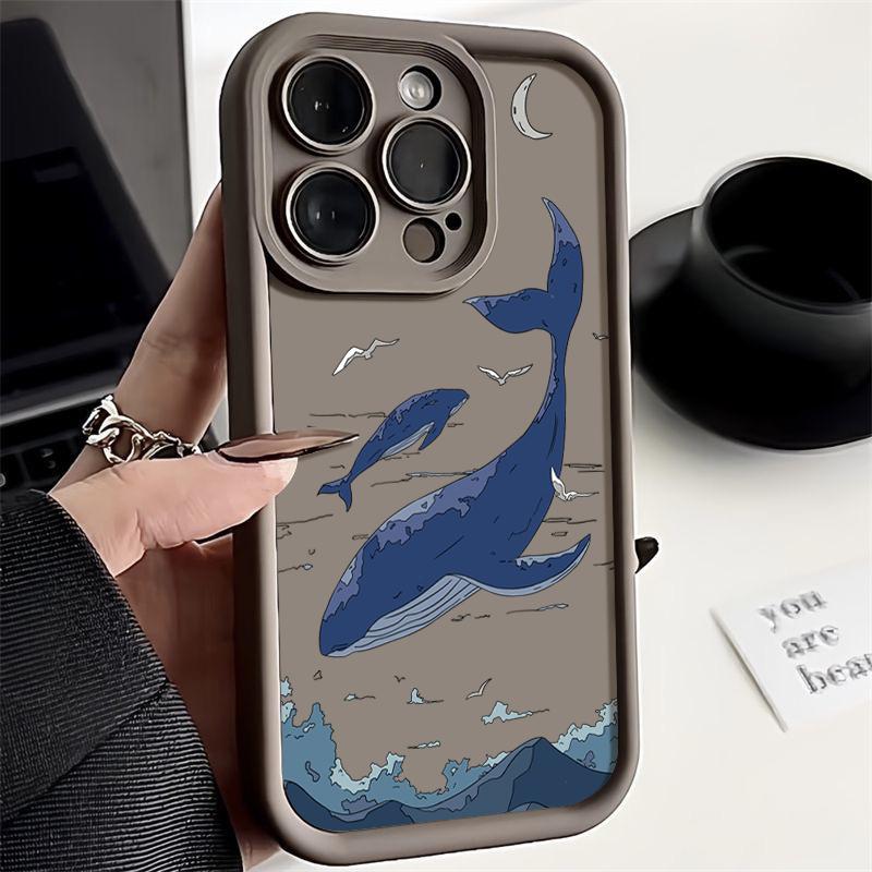 Мягкий чехол для телефона TPU с принтом кита для iPhone 16 Pro Max 16E 15 Pro 14 13 12 11, защита линз, противоударный матовый бампер