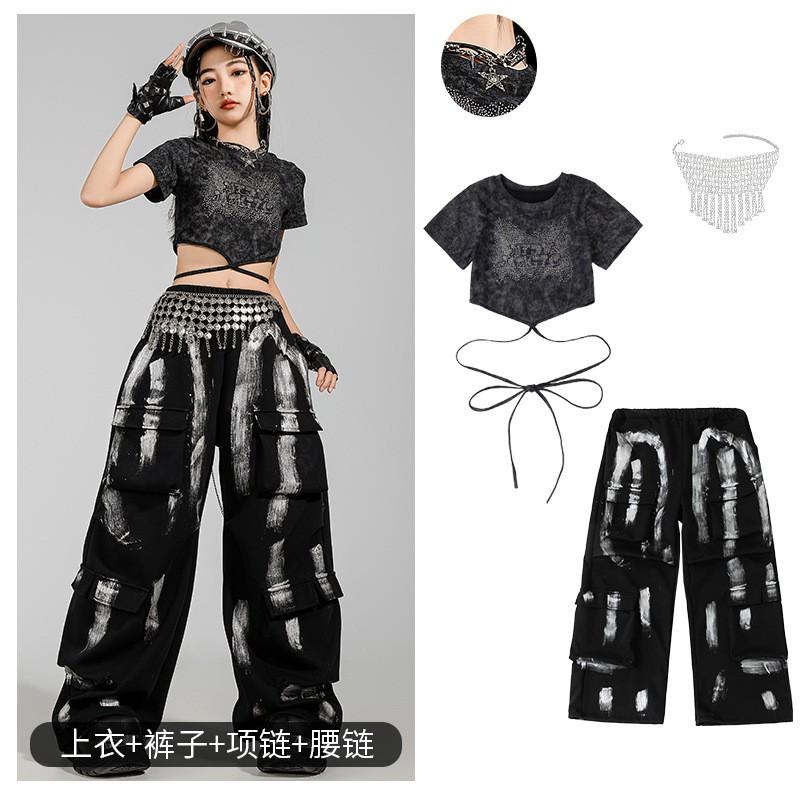Girls Jazz Dance Outfit Set Short Sleeve Crop Top Graffiti Pants Street Style Performance Costume Kids Teens