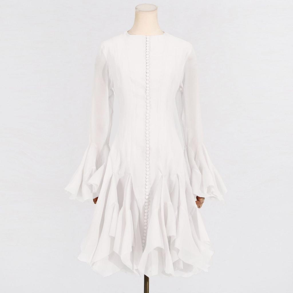 Однотонные платья с пуговицами, слим-фит для женщин, с круглым вырезом, длинными рукавами, высокой талией, лоскутным узором, оборками, женская мода, новинка