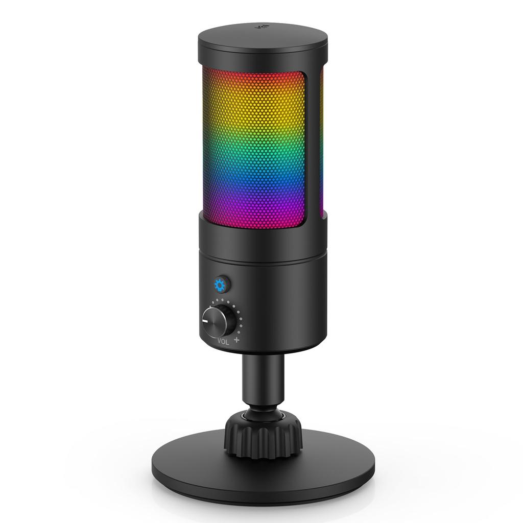 Faunow Microphone USB Condenser Microphone PC Microphone RGB Light Mute Cardioid Directional Plug Play Headphone Connectable Volume Adjustment Shock